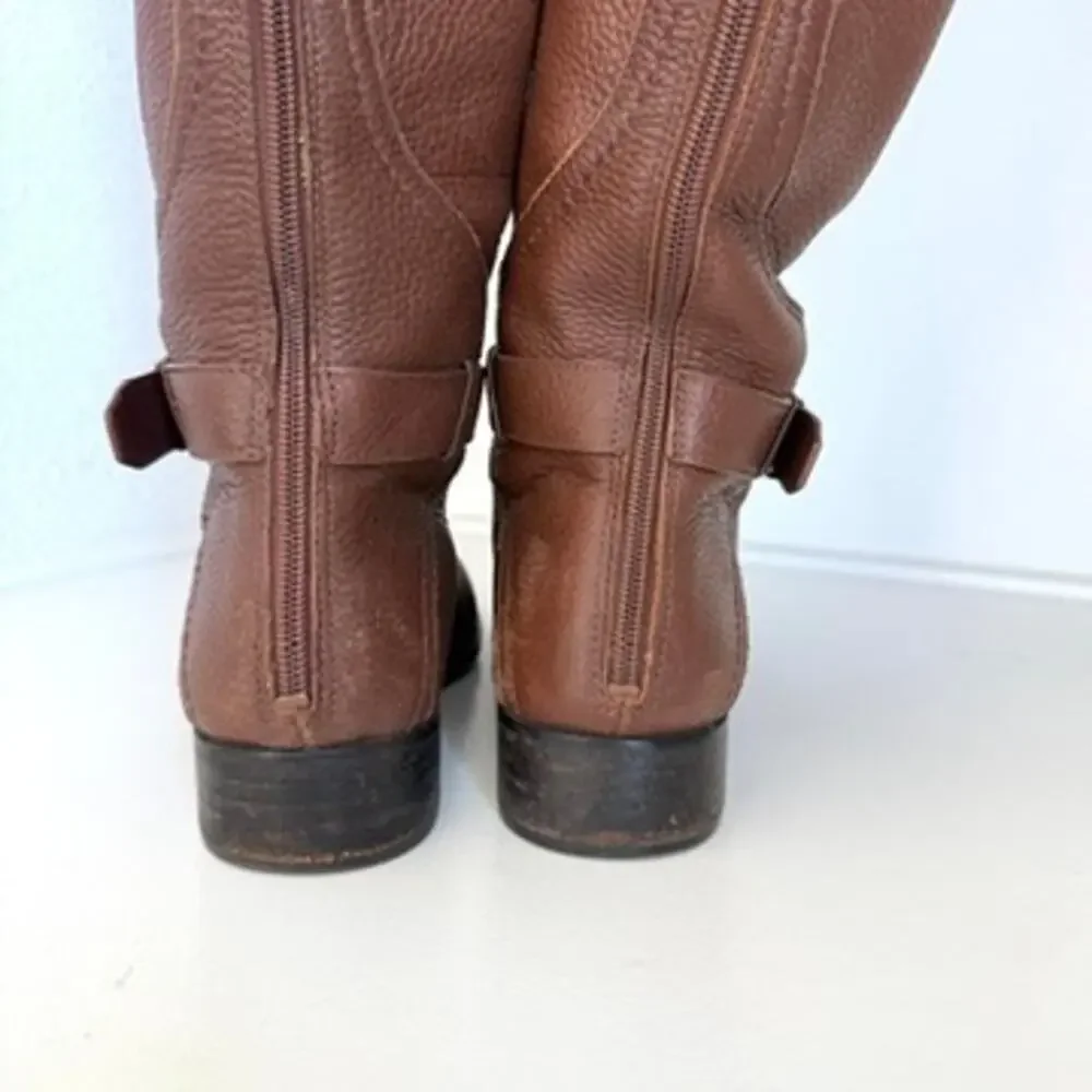 TORY BURCH Riding Boots Brown Leather Zip‎ Knee High Logo Buckle Women 7M